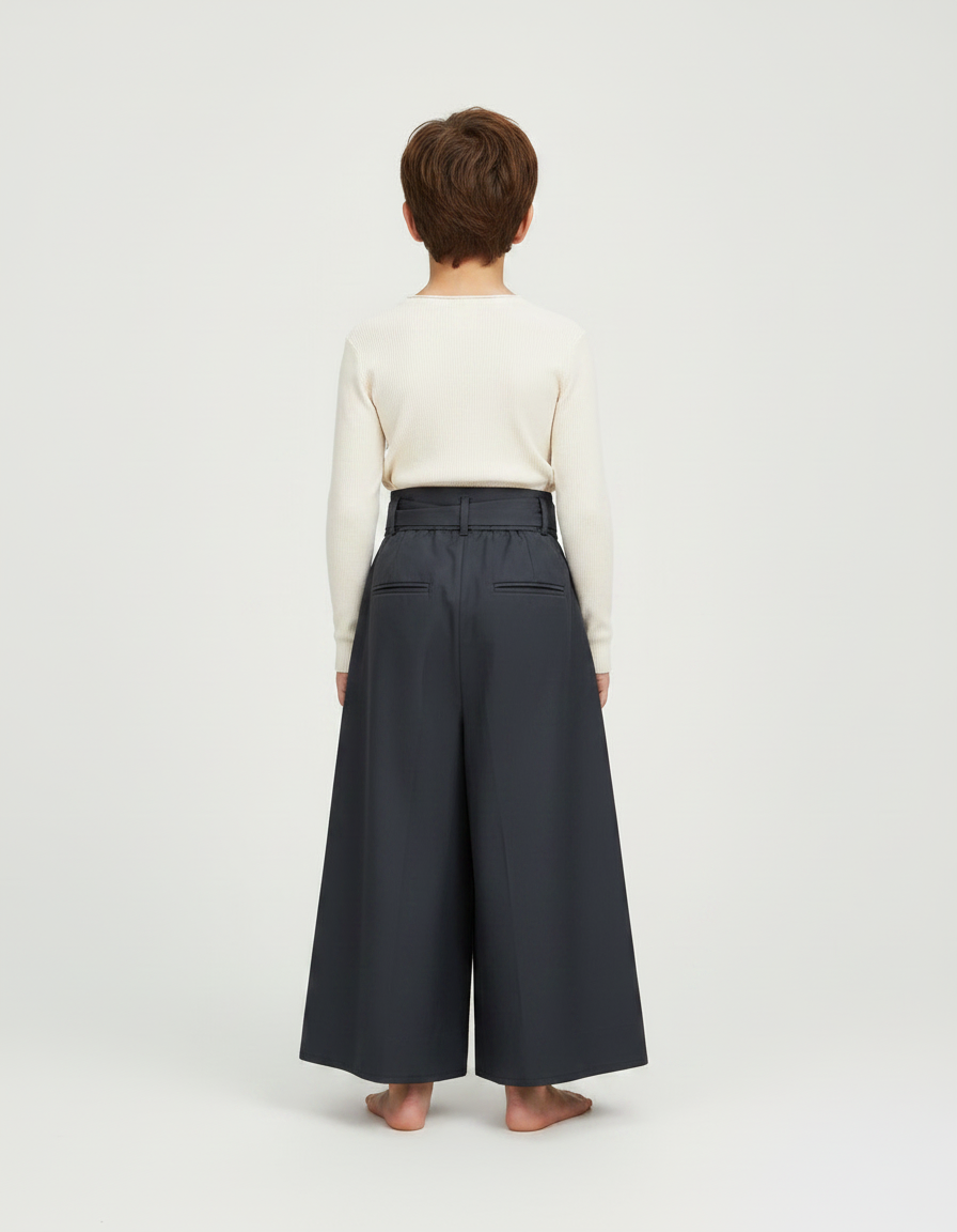 Pantalon Japonais Gris Plissé Ample Ceinturé Enfant - Gabardine - vue 2