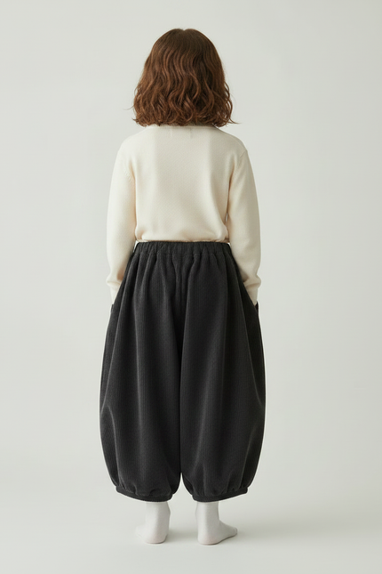 Pantalon Japonais Noir Côtelé Ample Bouffant Enfant - Gris Cordé - vue 2