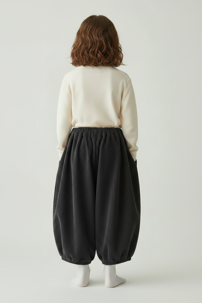 Pantalon Japonais Noir Côtelé Ample Bouffant Enfant - Gris Cordé - vue 2