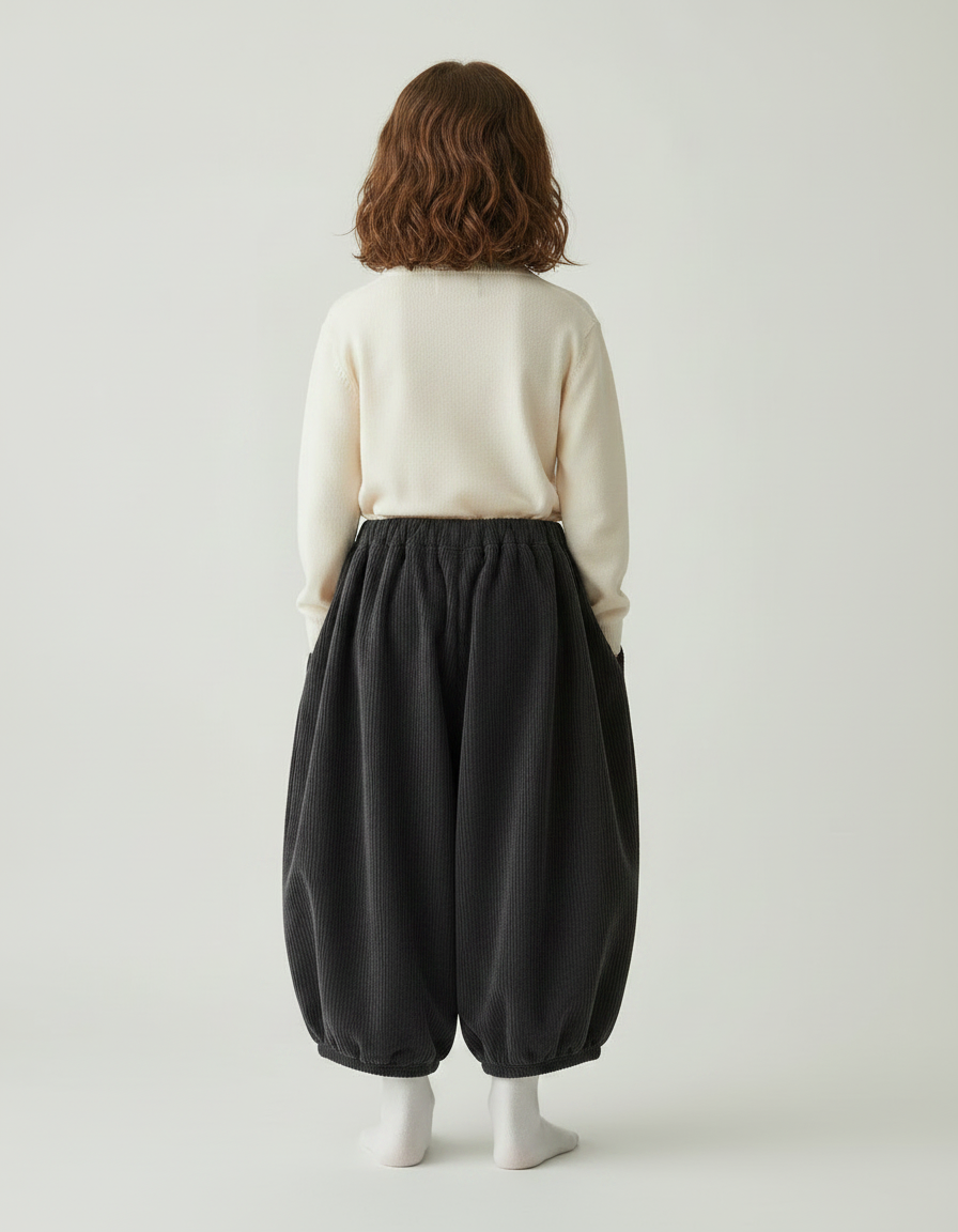 Pantalon Japonais Noir Côtelé Ample Bouffant Enfant - Gris Cordé - vue 2