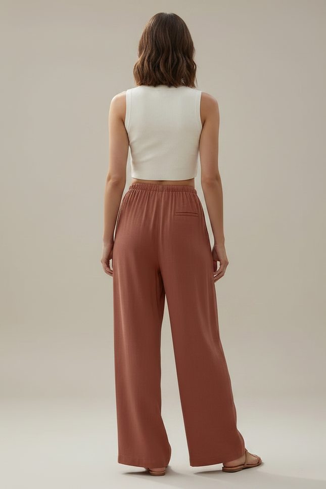 Pantalon Japonais Fluide Ample Lin Terre Cuite Femme - Marron - vue 2