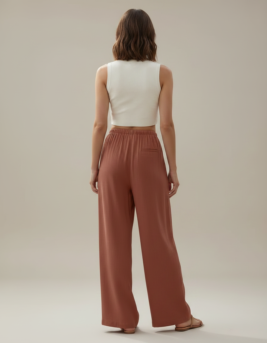 Pantalon Japonais Fluide Ample Lin Terre Cuite Femme - Marron - vue 2