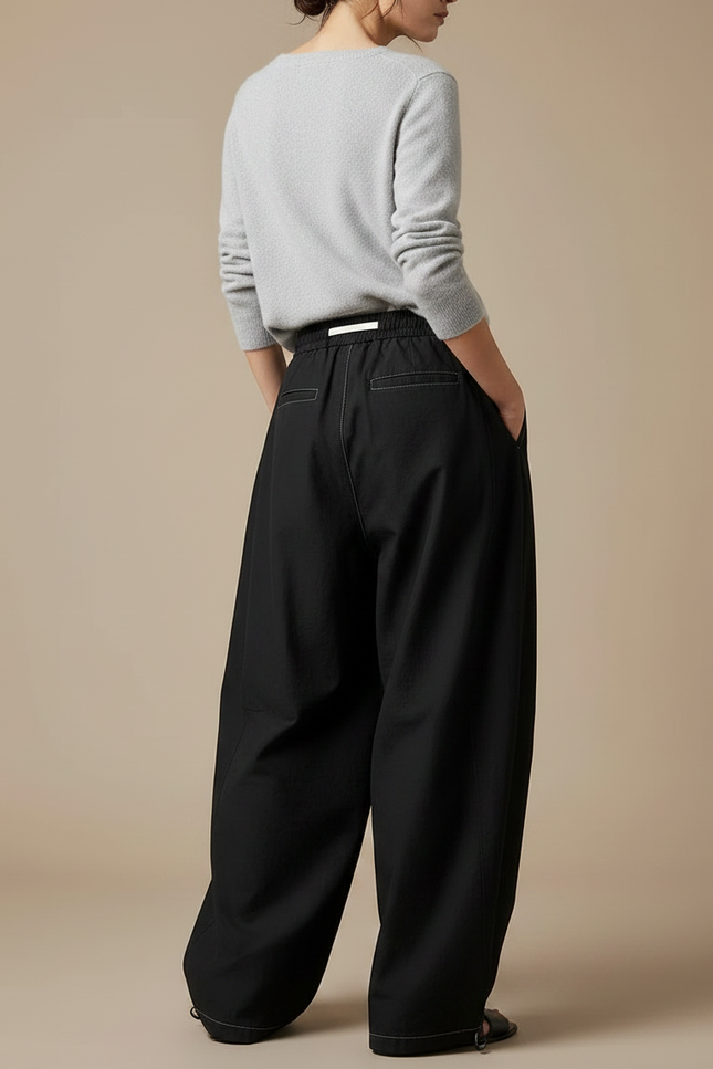 Pantalon Japonais Noir Ample Cordon Décontracté Fluide - Toile - vue 2