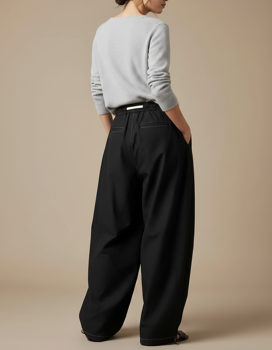 Pantalon Japonais Noir Ample Cordon Décontracté Fluide - Toile - vue 2