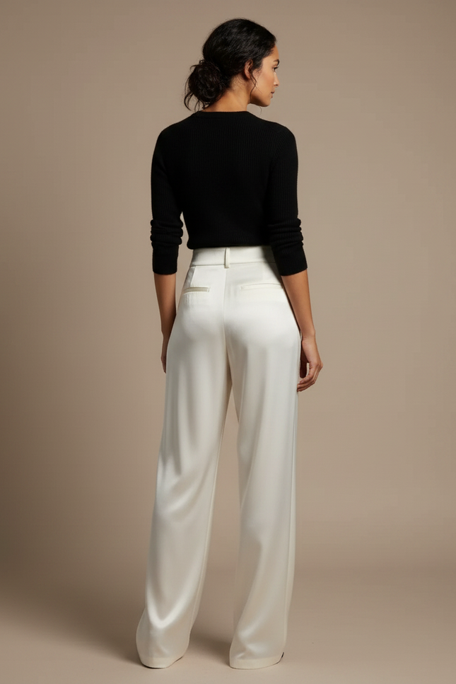 Pantalon Japonais Crème Satiné Fluide Élégant Femme - Blanc - vue 2