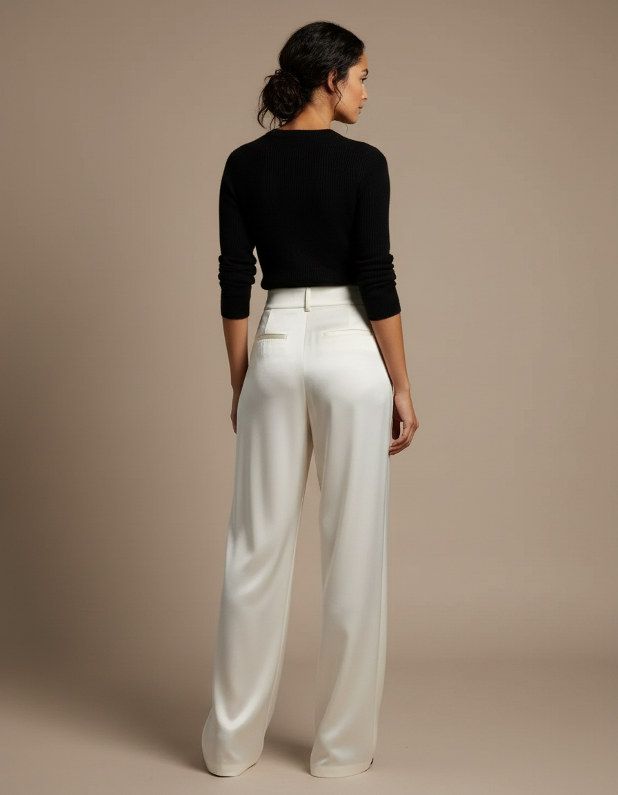 Pantalon Japonais Crème Satiné Fluide Élégant Femme - Blanc - vue 2