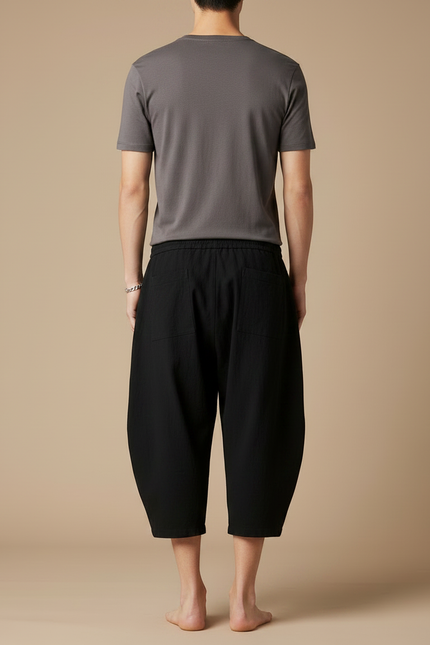 Pantalon Japonais Noir Coton Ample Court Cordon - Lin - vue 2