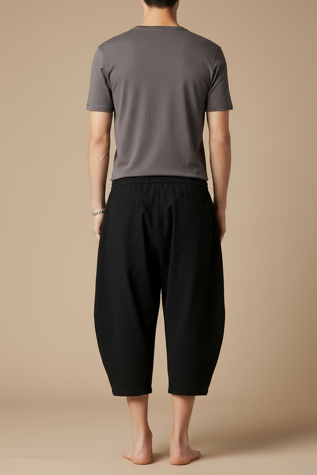 Pantalon Japonais Noir Coton Ample Court Cordon - Lin - vue 2