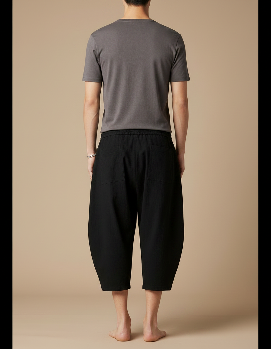 Pantalon Japonais Noir Coton Ample Court Cordon - Lin - vue 2
