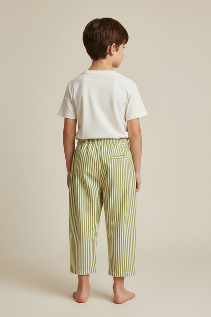 Pantalon Japonais Rayé Vert Ample Coton Enfant Décontracté - vue 2