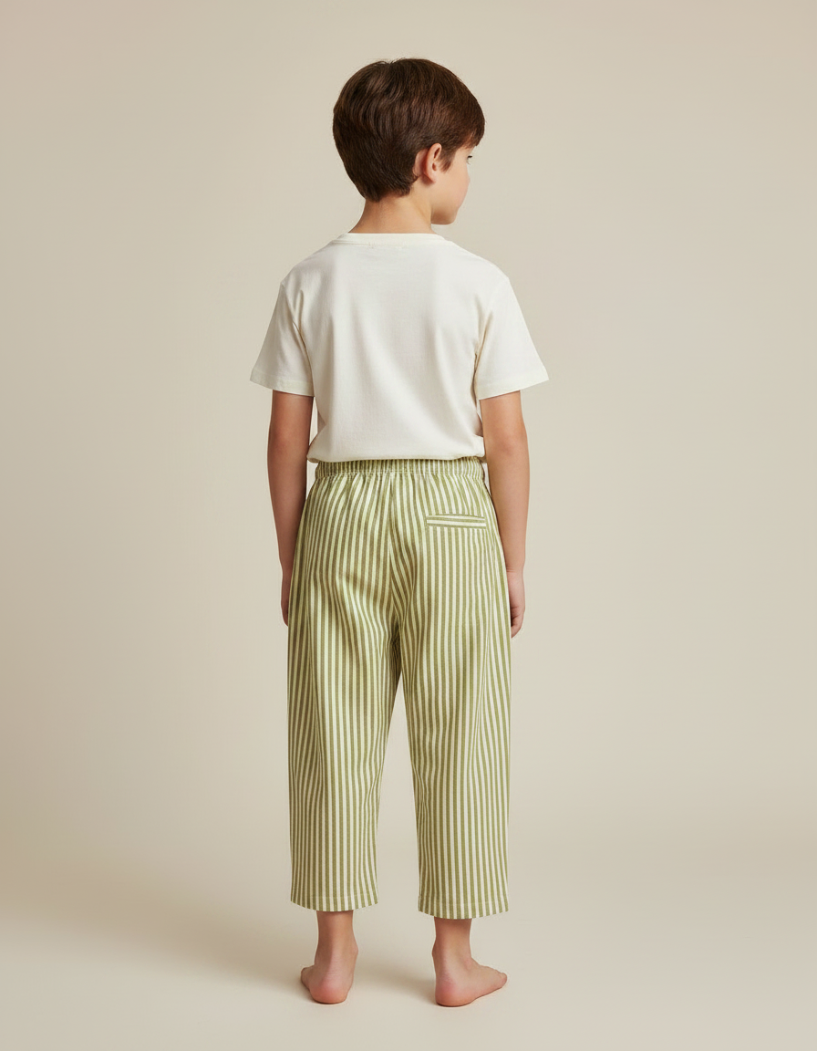 Pantalon Japonais Rayé Vert Ample Coton Enfant Décontracté - vue 2