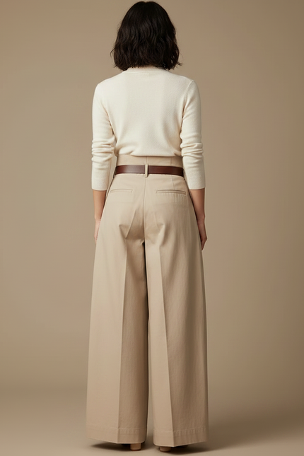 Pantalon Japonais Beige Plissé Ample Taille Haute Élégant - Gabardine - vue 2