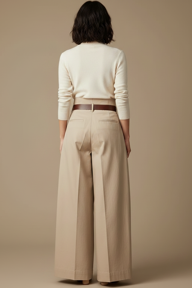 Pantalon Japonais Beige Plissé Ample Taille Haute Élégant - Gabardine - vue 2