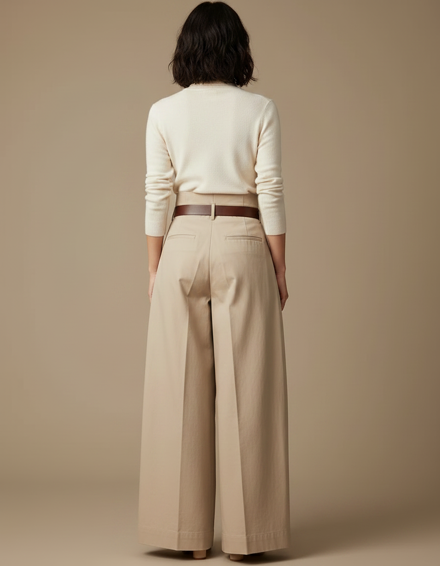 Pantalon Japonais Beige Plissé Ample Taille Haute Élégant - Gabardine - vue 2