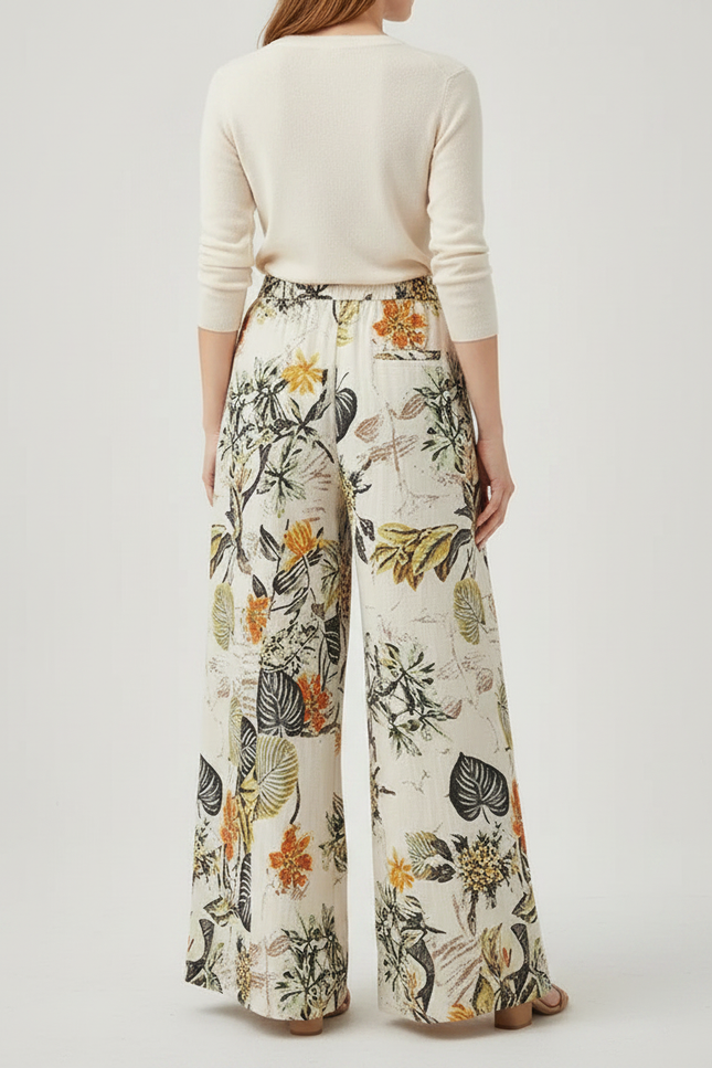 Pantalon Japonais Floral Ample Fluide Bohème Lin Écru - Beige - vue 2