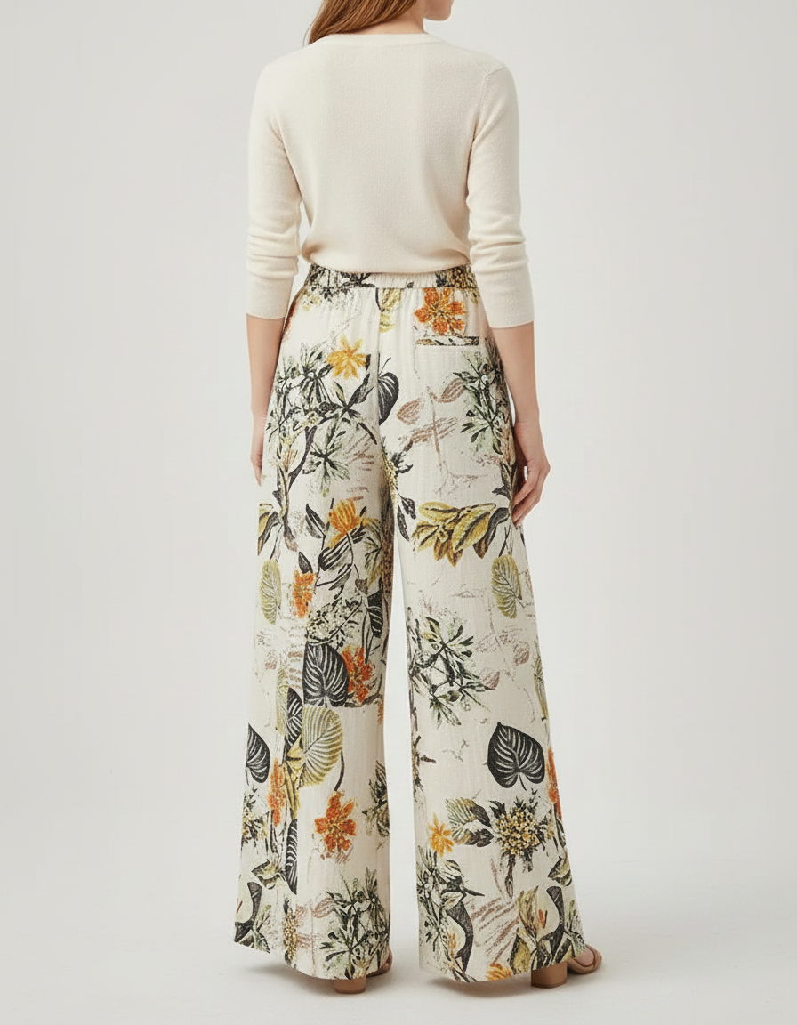 Pantalon Japonais Floral Ample Fluide Bohème Lin Écru - Beige - vue 2