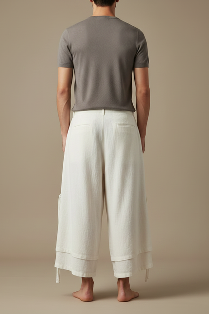 Pantalon Japonais Lin Ample Blanc Double Couche Homme - vue 2
