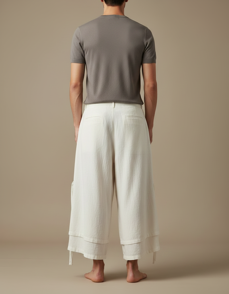 Pantalon Japonais Lin Ample Blanc Double Couche Homme - vue 2