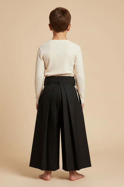 Pantalon Japonais Noir Plissé Ample Ceinturé Élégant - Laine - vue 2