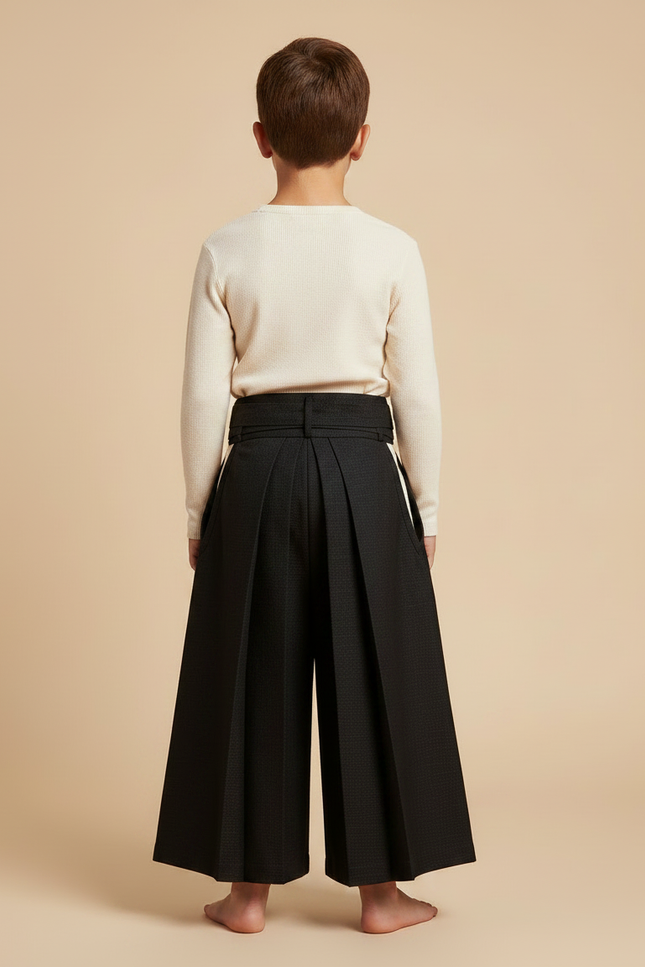 Pantalon Japonais Noir Plissé Ample Ceinturé Élégant - Laine - vue 2