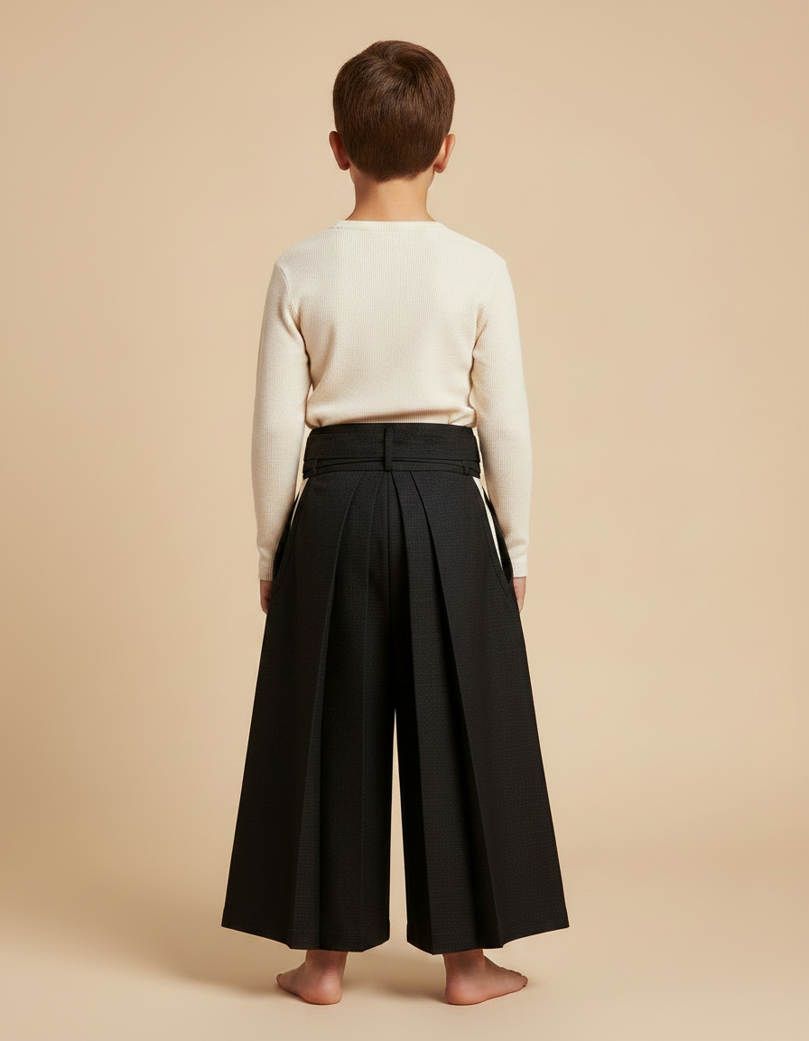 Pantalon Japonais Noir Plissé Ample Ceinturé Élégant - Laine - vue 2