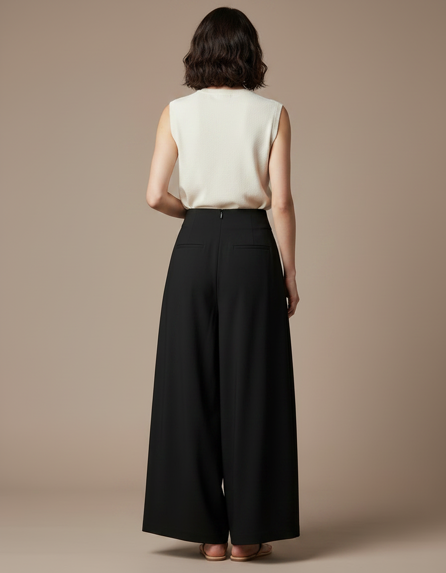 Pantalon Japonais Noir Ample Plissé Fluide - Polyester - vue 2