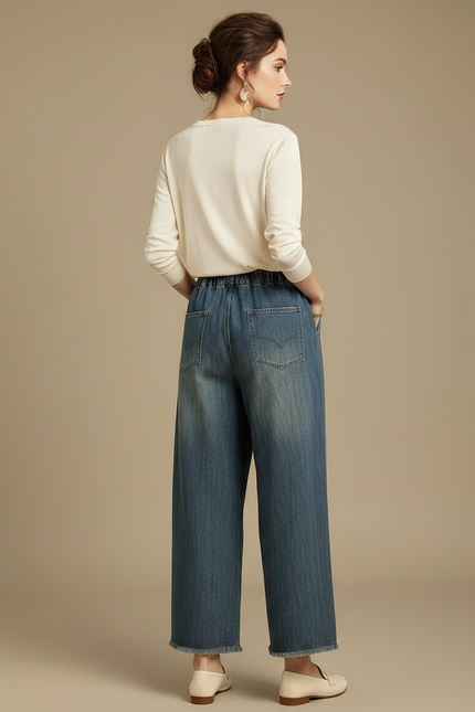 Pantalon Japonais Denim Ample Brodé Femme - Bleu Jean - vue 2