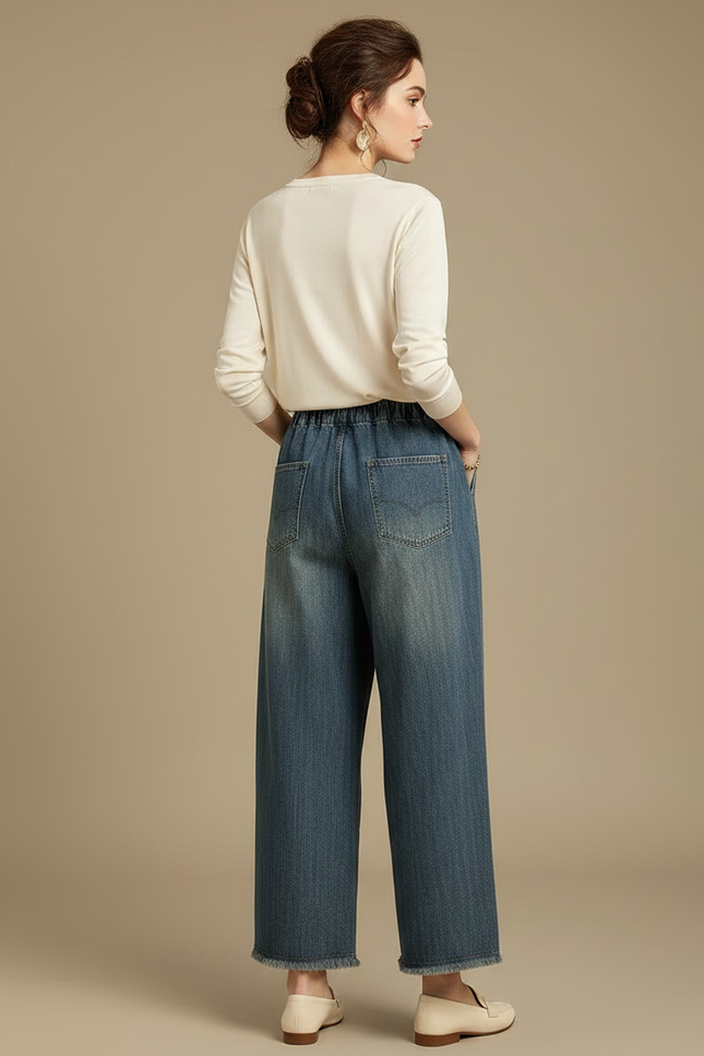 Pantalon Japonais Denim Ample Brodé Femme - Bleu Jean - vue 2