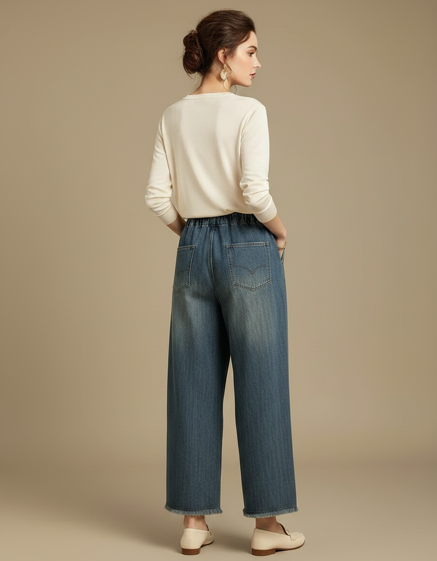 Pantalon Japonais Denim Ample Brodé Femme - Bleu Jean - vue 2