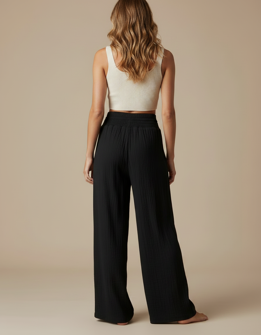 Pantalon Japonais Noir Fluide Ample Coton Plissé - vue 2