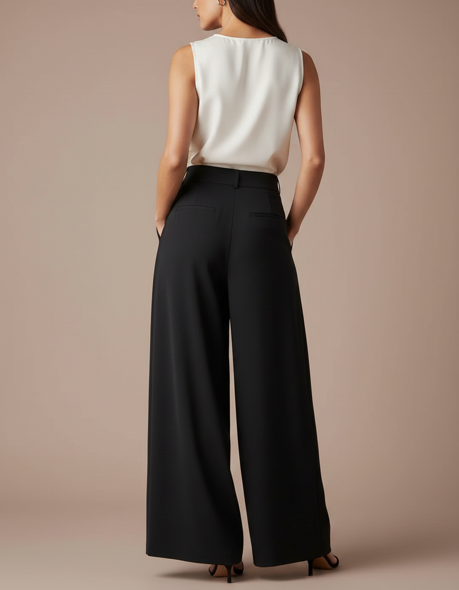 Pantalon Japonais Noir Plissé Ample Fluide Élégant Femme - Polyester - vue 2
