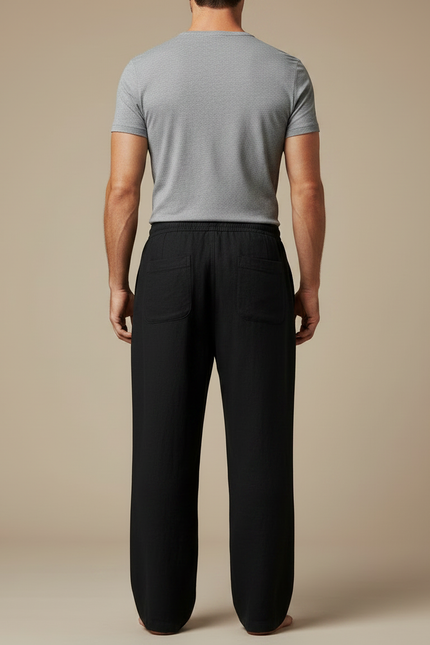 Pantalon Japonais Noir Lin Ample Cordon Décontracté - vue 2