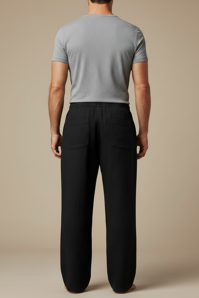 Pantalon Japonais Noir Lin Ample Cordon Décontracté - vue 2