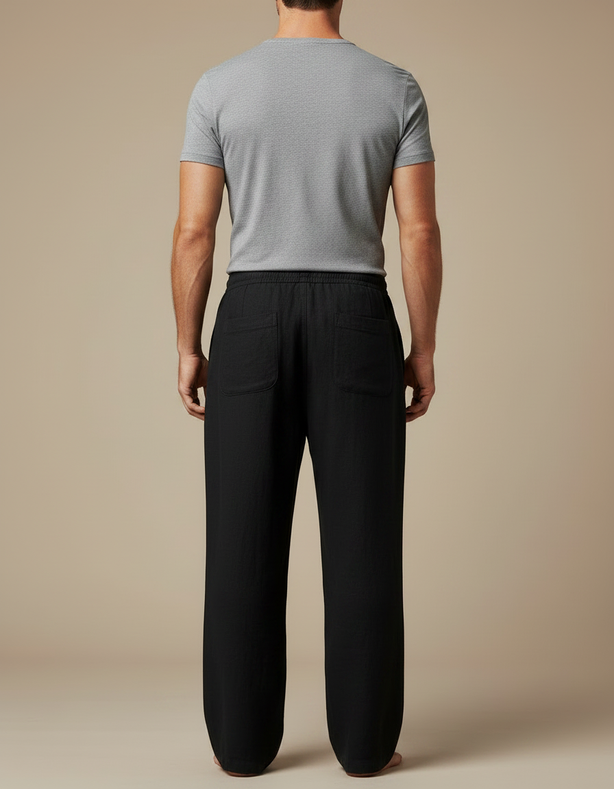 Pantalon Japonais Noir Lin Ample Cordon Décontracté - vue 2