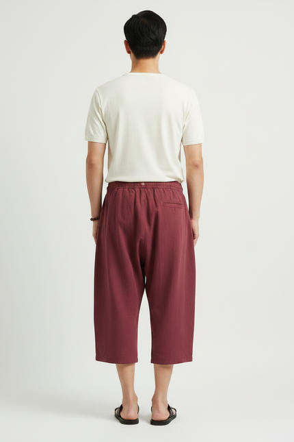 Pantalon Japonais Rouge Ample Coton Lin Court - Bordeaux - vue 2