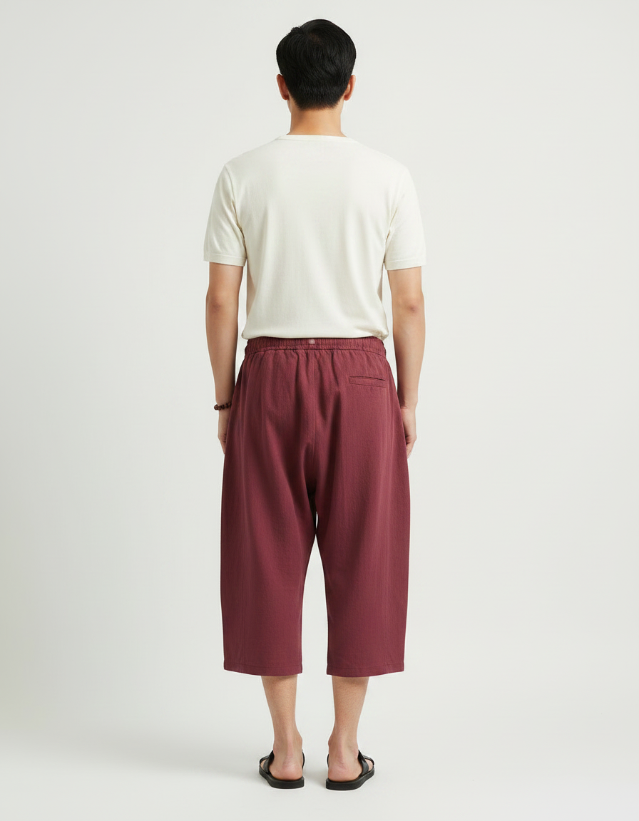 Pantalon Japonais Rouge Ample Coton Lin Court - Bordeaux - vue 2