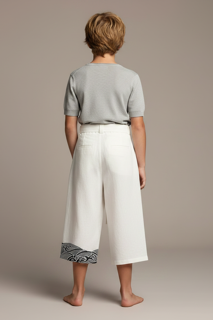 Pantalon Japonais Blanc Ample Lin Ceinturé Motif Vagues - vue 2