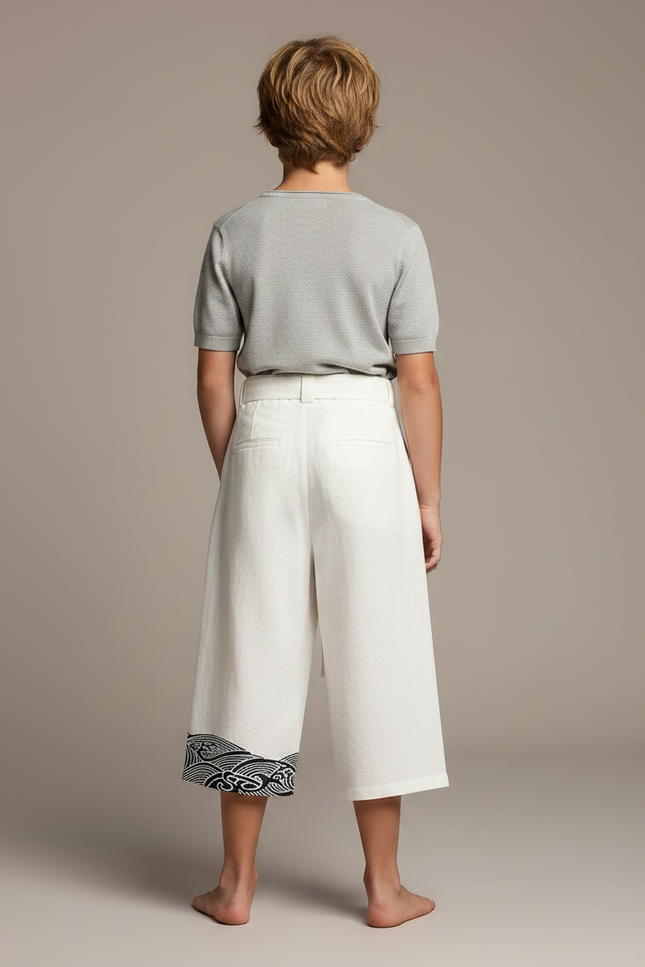 Pantalon Japonais Blanc Ample Lin Ceinturé Motif Vagues - vue 2