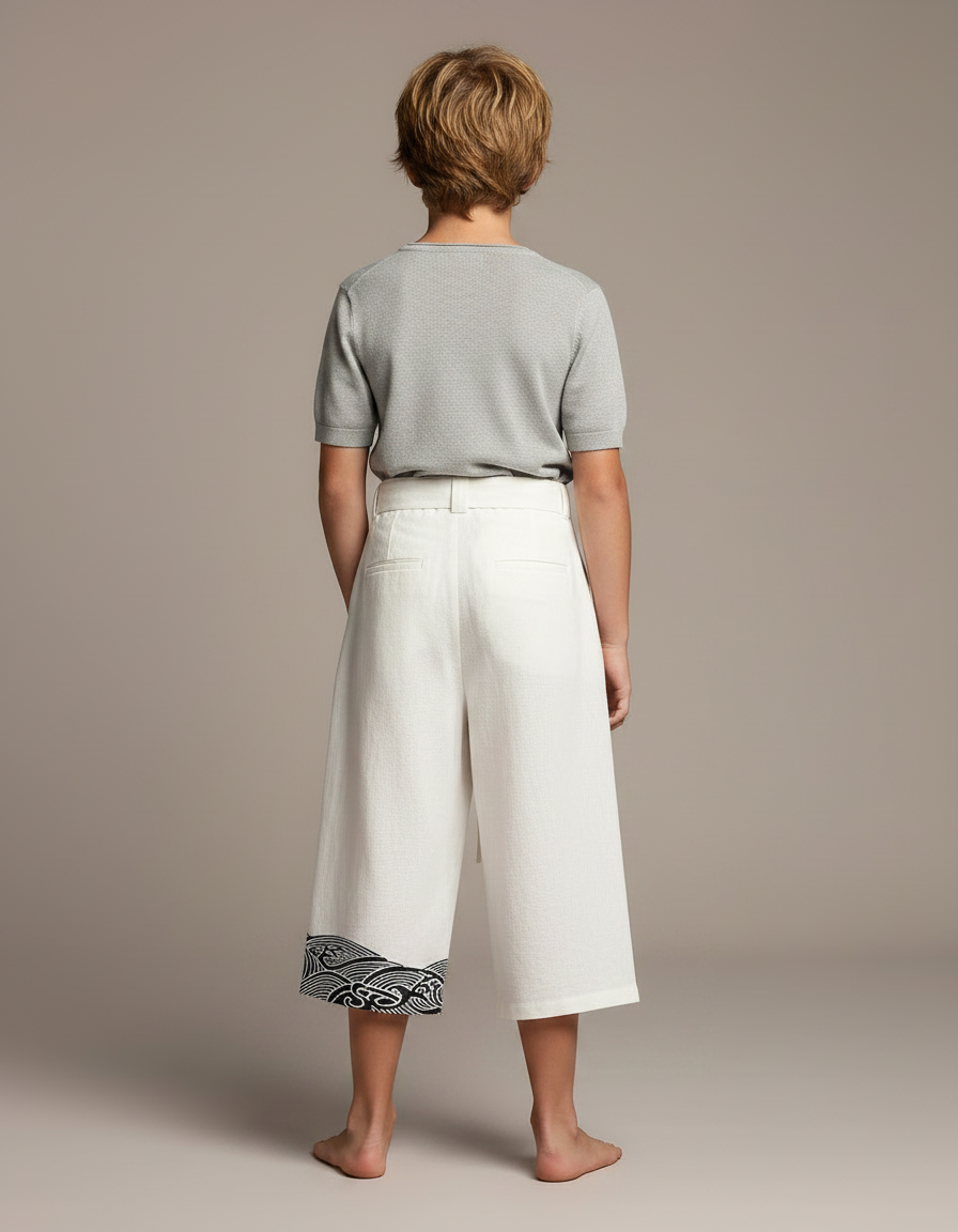 Pantalon Japonais Blanc Ample Lin Ceinturé Motif Vagues - vue 2
