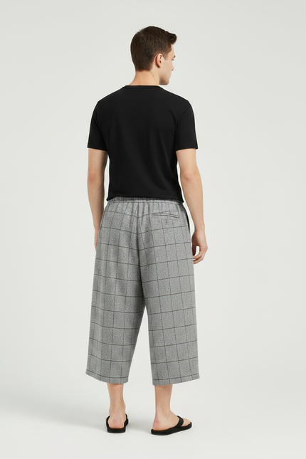 Pantalon Japonais Gris Plaid Ample Coton Lin Casual - vue 2