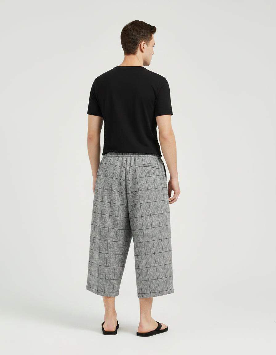 Pantalon Japonais Gris Plaid Ample Coton Lin Casual - vue 2