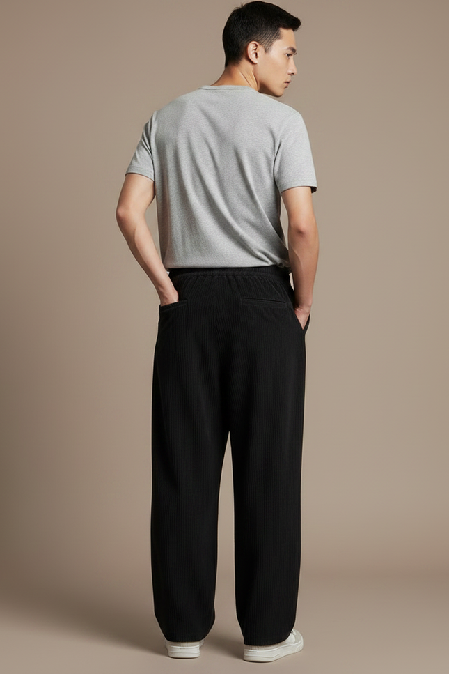Pantalon Japonais Velours Côtelé Noir Ample Décontracté Homme - Cordé - vue 2