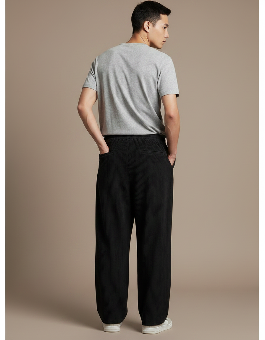Pantalon Japonais Velours Côtelé Noir Ample Décontracté Homme - Cordé - vue 2