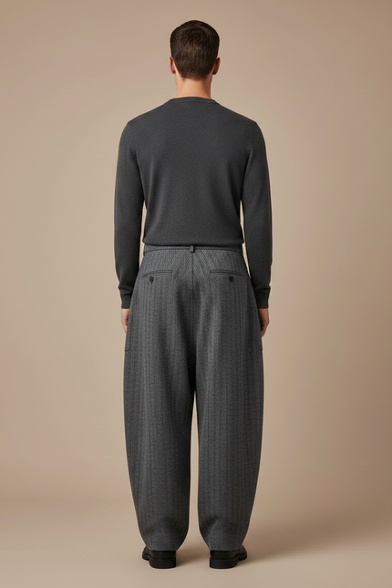 Pantalon Japonais Large Laine Rayé Gris Homme Décontracté - vue 2
