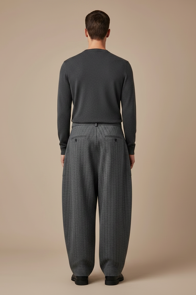 Pantalon Japonais Large Laine Rayé Gris Homme Décontracté - vue 2