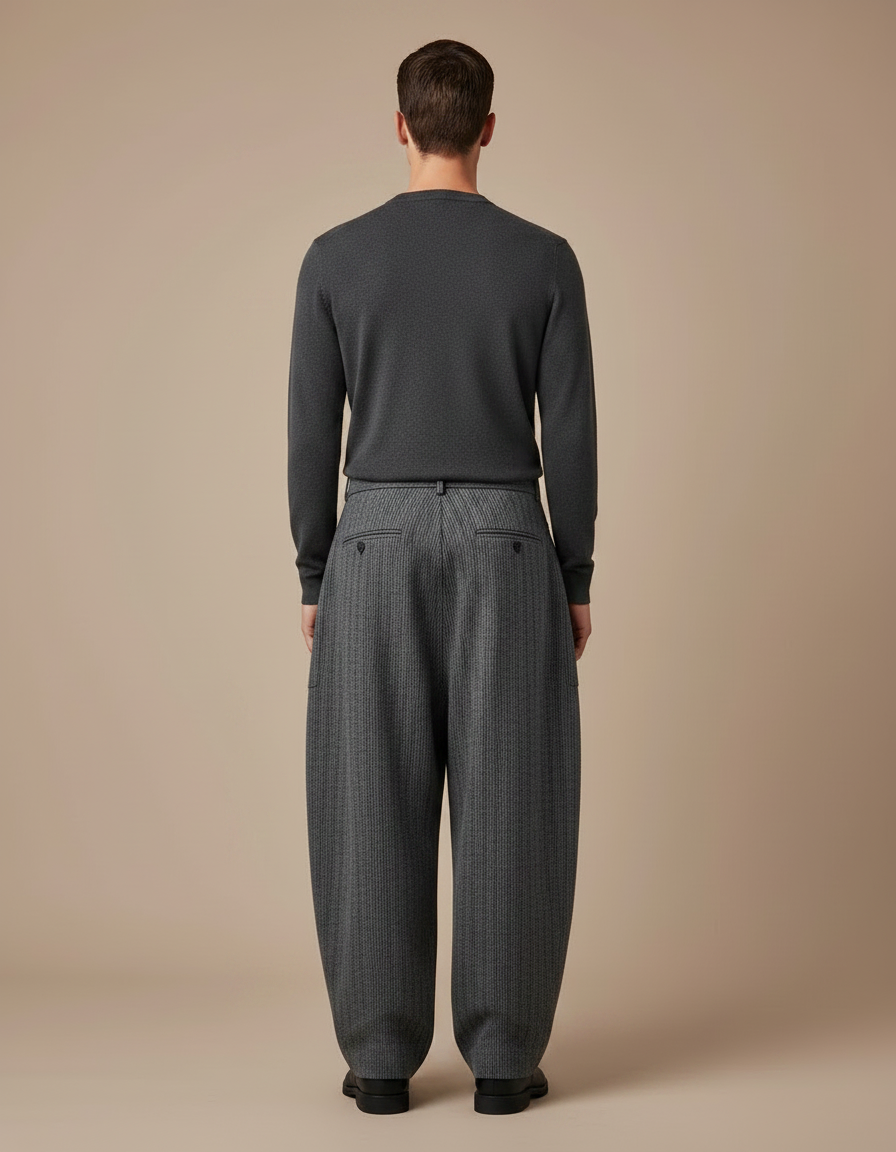 Pantalon Japonais Large Laine Rayé Gris Homme Décontracté - vue 2