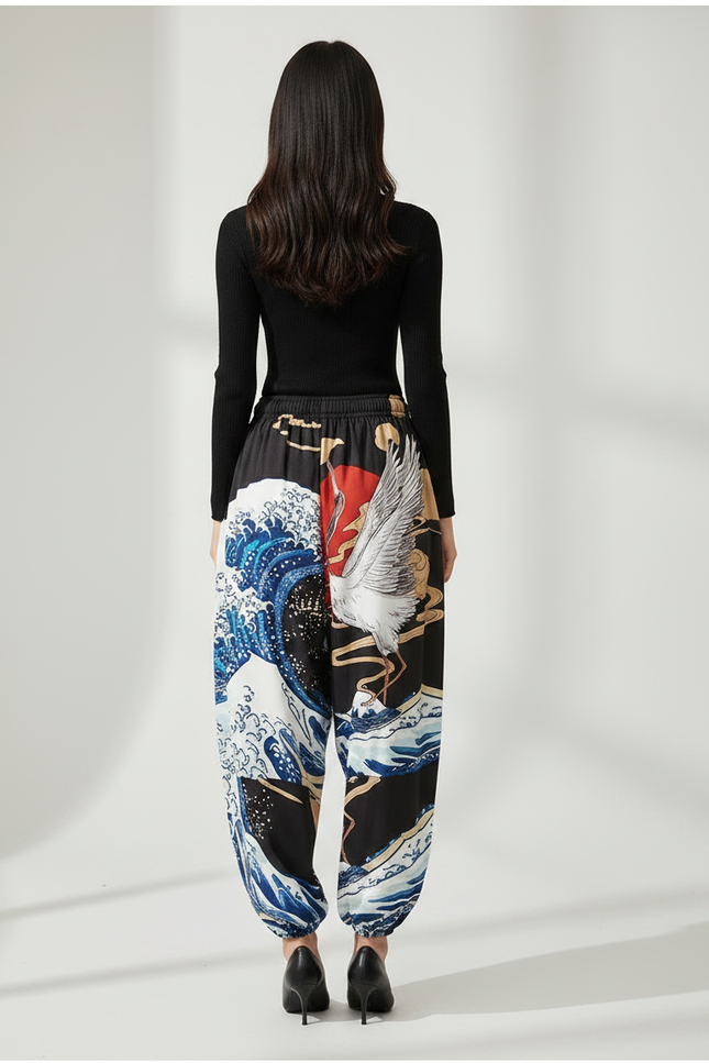 Pantalon Japonais Noir Harem Imprimé Vagues Grue - Multicolore Polyester - vue 2