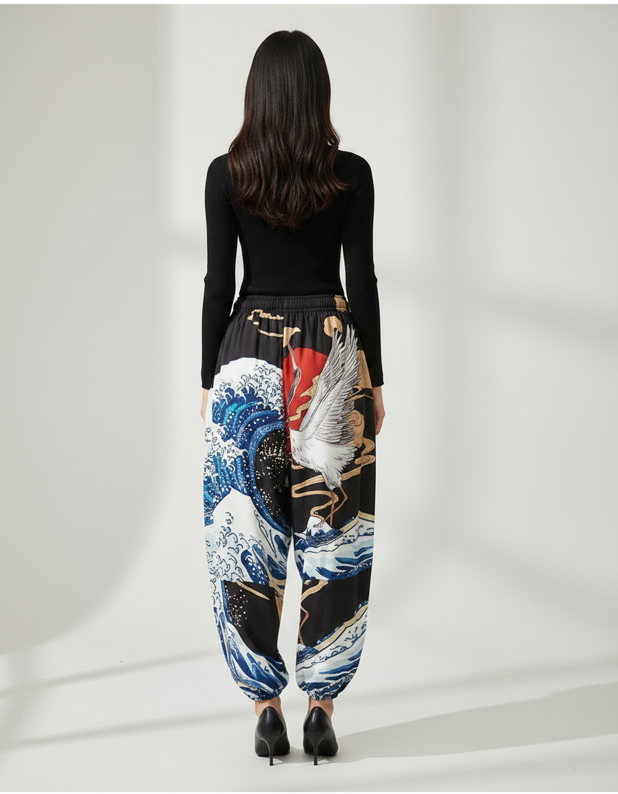 Pantalon Japonais Noir Harem Imprimé Vagues Grue - Multicolore Polyester - vue 2