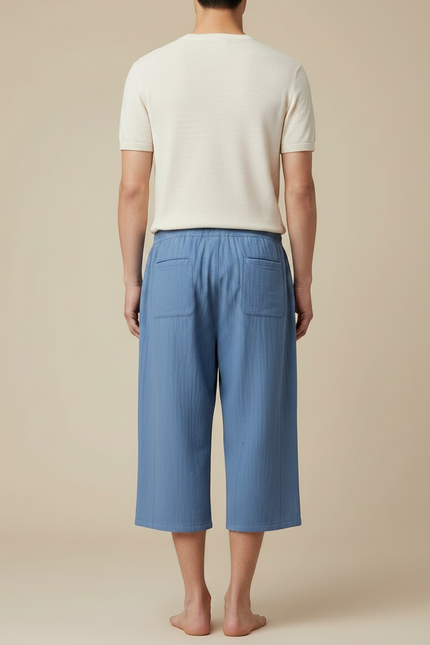 Pantalon Japonais Bleu Coton Ample Court Cordon - vue 2