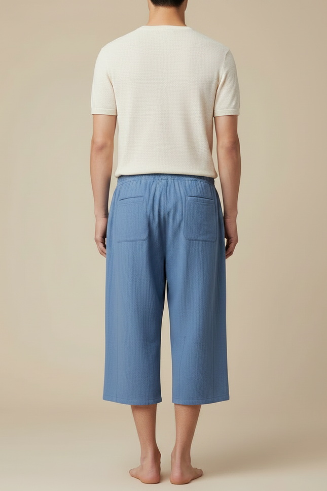 Pantalon Japonais Bleu Coton Ample Court Cordon - vue 2